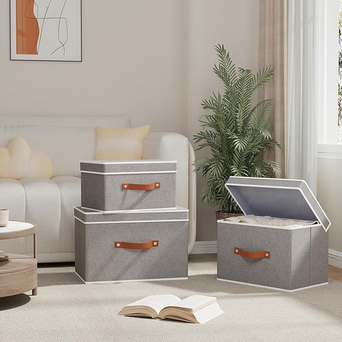 Collapsible Boxes, Linen Foldable Storage Bins with Lids, 15 x 9.8 x 9.8 Inch Storage Baskets with Double Handles, Grey, 5-Pack