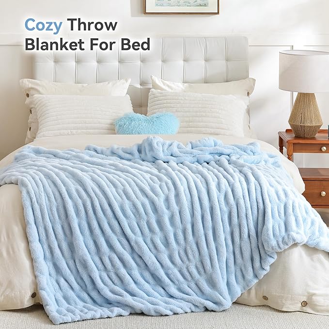 Smoofy Light Blue Throw Blanket for Couch – Ultra Soft Cozy Plush Fluffy Blanket with Faux Rabbit Fur, Fuzzy Lightweight Fleece for Sofa, Bed & Office, Gift for Women, Home Room Decor Throw 60"x 80"