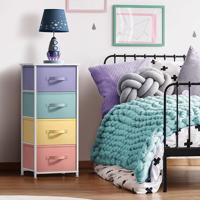 Sorbus Nightstand with 4 Drawers - Bedside Furniture & Accent End Table Chest for Home, Bedroom, Office, College Dorm, Steel Frame, Wood Top, Easy Pull Fabric Bins (4-Drawer, Pastel/White)