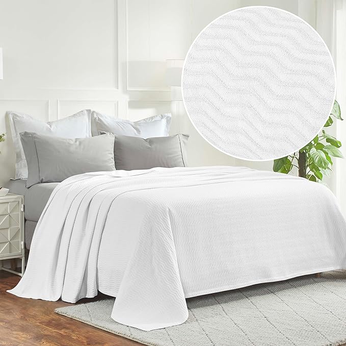 Superior JENA Cotton Blanket, for Picnic, Beach, Traveling or Camping, Bedroom Decor, Essentials, Cover for Bed, Couch, Lounging, Textured Jacquard, Modern Chevron Woven Blanket, Full/Queen, White