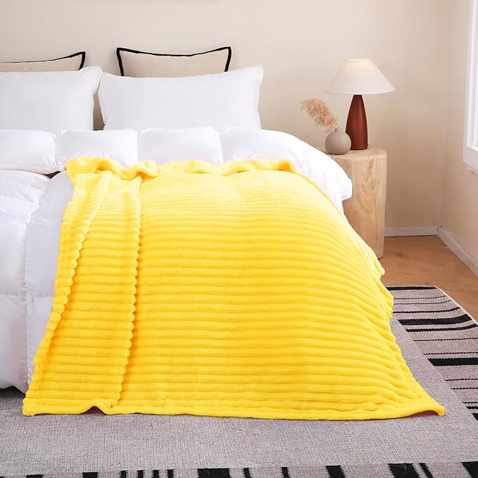 Bright Yellow Fleece Throw Blanket 60”×80” for Couch Sofa Bed,Super Soft Cozy Plush Microfiber Flannel Blanket with Stripes Design Lightweight for Adults,Woman,Girls