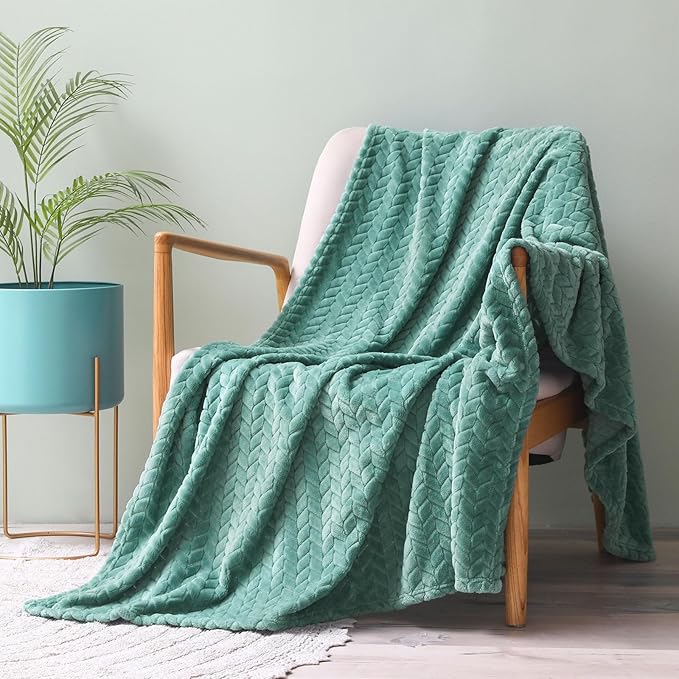 Exclusivo Mezcla Fleece Throw Blanket for Couch and Bed, 50x70 Inches Soft Cozy Jacquard Flannel Blankets, Lightweight Fuzzy Plush Warm Throws for Women, Celadon
