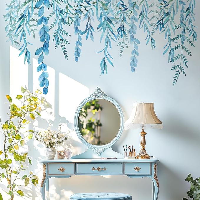 Blue Hanging String of Willow Wall Decals Peel and Stick, Large Plants Vinyl Wall Stickers, Removable Vine Home Decor Art for Bedroom Living Room Classroom Office