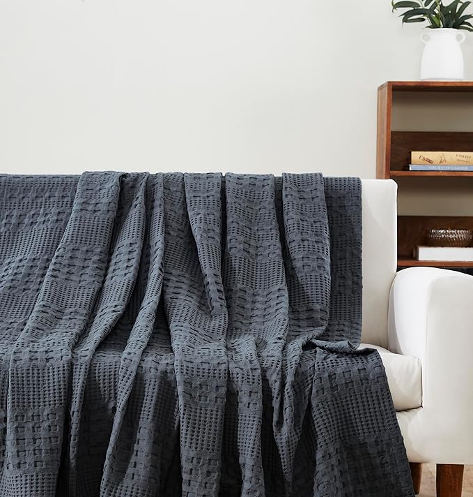 VHC Brands 100% Cotton Waffle Weave Queen Blanket 90"x90", Decorative Lightweight Spring and Summer Throw Blanket, Bedroom Decor for Bed, Couch, or Sofa, Dark Grey