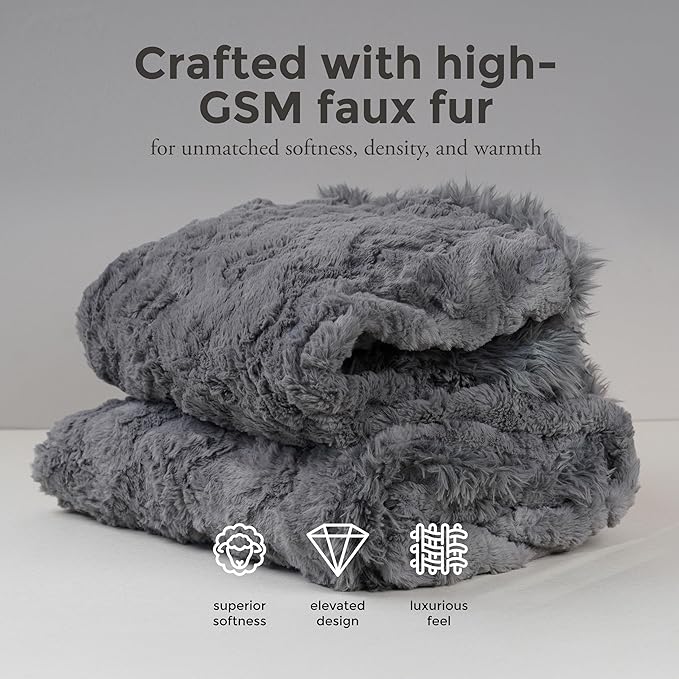 Mon Chateau 60" x 70" Hearthside Faux Fur Throw Blanket, Reversible Soft Blanket for Queen-Size Bed, Couch, or Sofa, Cozy Home Decor and Stylish Living Room Comfort, Winter Cream (Fog Stone Jacquard)