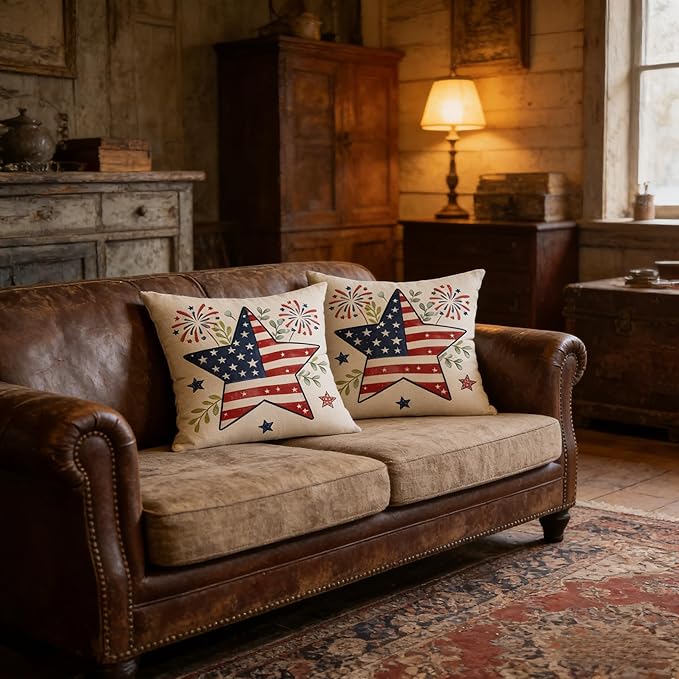 4th of July Patriotic Star Independence Day Throw Pillow Covers, Linen, 18x18 Inch, Set of 2, Farmhouse Style, Multicolor