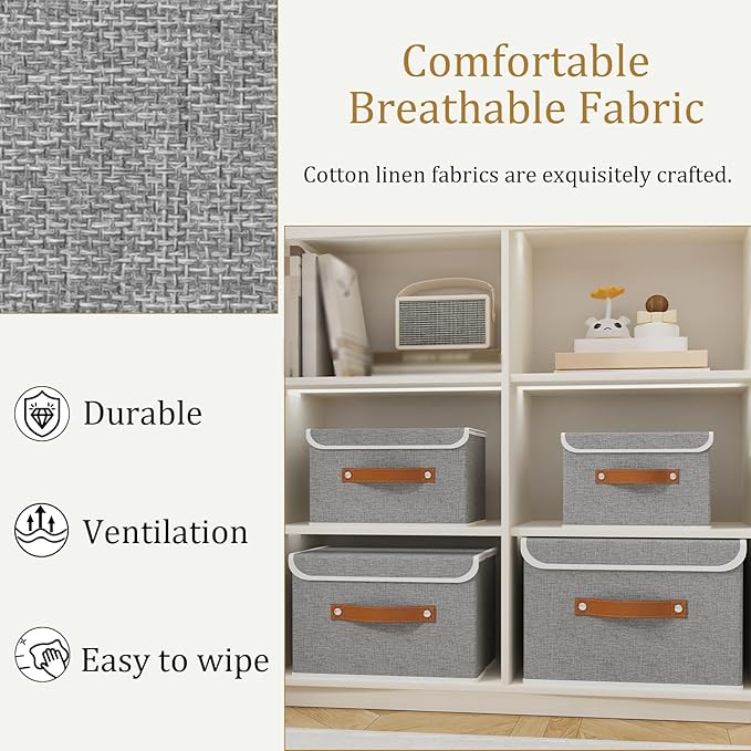 OUTBROS Storage Boxes, Collapsible Storage Bins with Lids, Cotton and linen cloth Storage Baskets with Handle, for Books, Closet, Grey, 3 Pack 10.2 x 7.9 x 6.7in