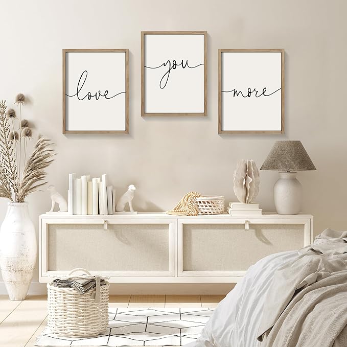 Heiple Love You More Sign Set of 3 Framed Above Bed Wall Decor Farmhouse Bedroom Decor Wood Art Rustic Master Bedroom Essentials Home Decoration (Brown, 11”x14”)