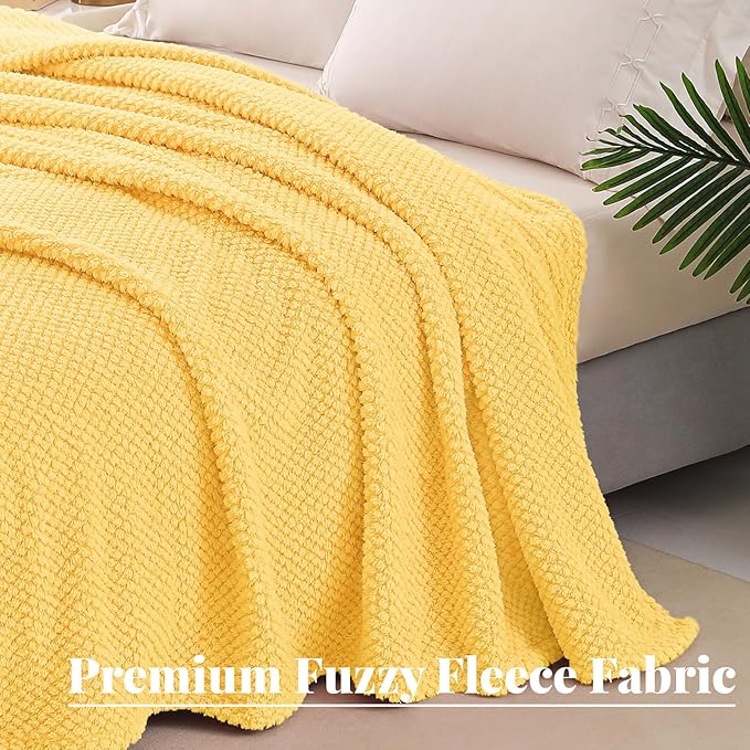 Whale Flotilla Queen Size Fuzzy Fleece Blanket for Bed, 90x90 Inch Fluffy Warm Soft Jacquard Blankets for All Season, Lightweight and Cozy, Yellow