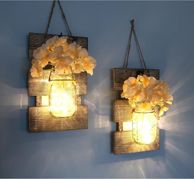 Besuerte Farmhouse Sconces Wall Decor Set of 2, Dining Room Art Wall Decor, Home Decor,Living Room, Bathroom, Hanging Vintage Wall Sconce 6-Hour Timer, Gray