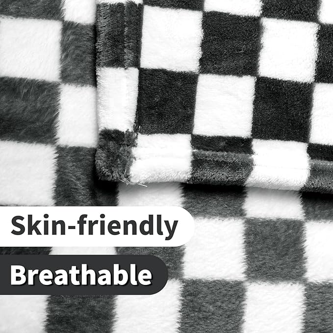 FY FIBER HOUSE Checkered Flannel Fleece Throw Blanket Soft Cozy Checkerboard Grid Print Chessboard Gingham Pattern Blankets for Bed Couch Sofa, 60"x80", Black
