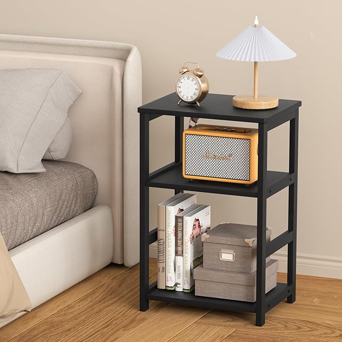 VASMIA End Table, 3-Tier Side Table with Storage Shelf, Bamboo Nightstand Bedside Table for Small Spaces, Bedroom, Living Room, Entryway,Farmhouse,Black