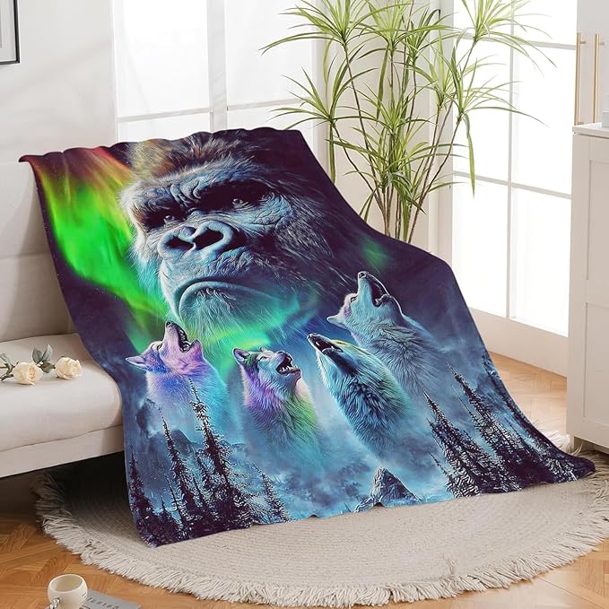 Gorilla Wolf Blanket for Girls Women Boys Men Adults Kids Soft Cozy Fleece Aurora Chimpanzee Foot Throw Blankets Gifts Warm Flannel Plush Lightweight Decor for Couch Bed Sofa 80"X60"