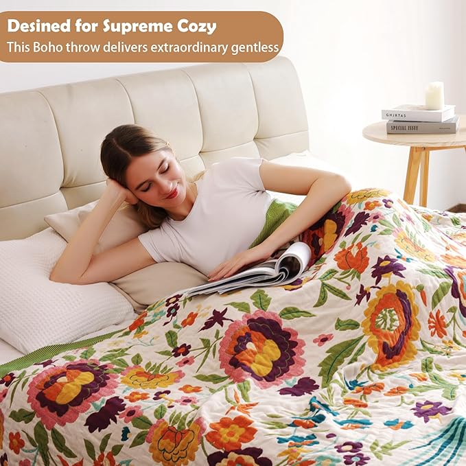 Boho Throw Blanket, 100% Organic Cotton Breathable Ultra Soft 91" x 108" King Bed Quilt Throw - All Season Floral Rustic Farmhouse Decor Luxury Blanket for Sofa Couch Chair and Gift
