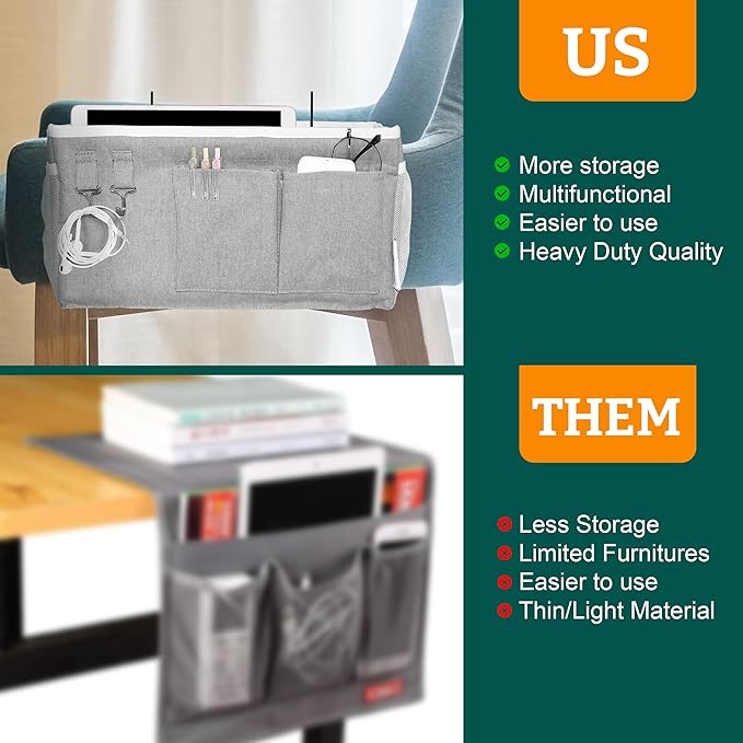 Bedside Caddy Organizer Hanging Storage Bag with Pockets for Books, Magazines, Phone, Tablet & Water Bottle – Bedside Storage for Dorm, Bunk Beds, Hospital Beds & Cribs,Grey