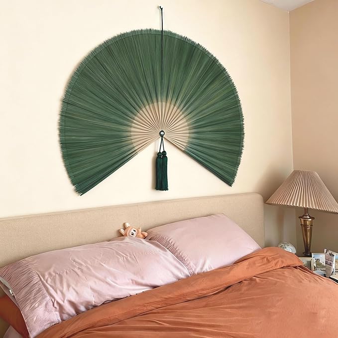 ChumDecor Fan Wall Decor,Large Bamboo Fan Wall Art for Boho Hanging Headboard,Decorative Folding Fans for Over Bed Decorations (Dark Moss Green 31inch)