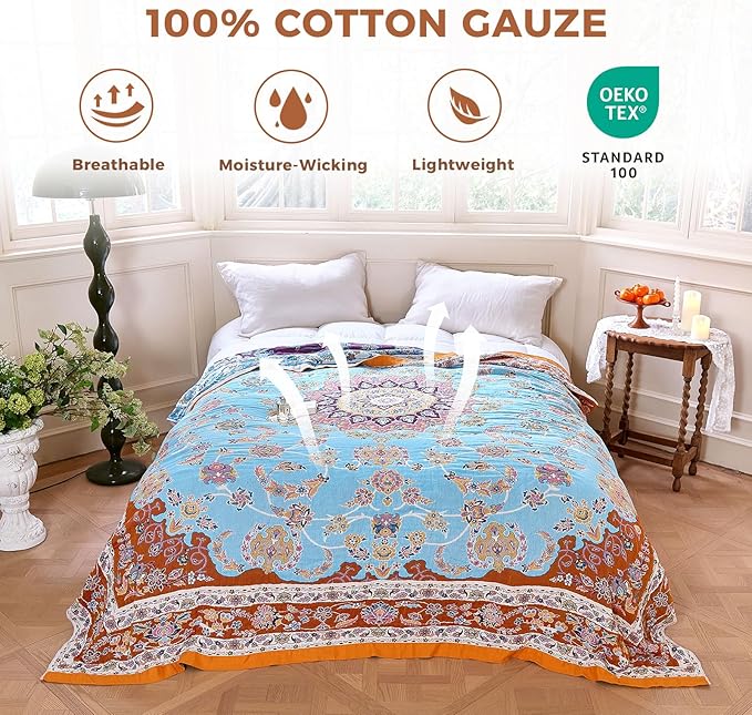 Boho Throw Blanket for Couch Sofa Chair Cotton Spring Blankets for Bedroom Living Room All Season Lightweight Reversible Floral Embroidery Decorative Throws 50"x60"