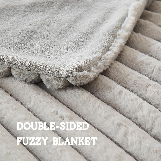 Lotus Karen Faux Fur Throw Blanket - Stripe Faux Rabbit Fur Blanket for Couch, Cozy Soft Fluffy Fuzzy Blanket, Warm Thick Furry Plush Shaggy Small Blankets for Women, Light Gray,50x60 Inches