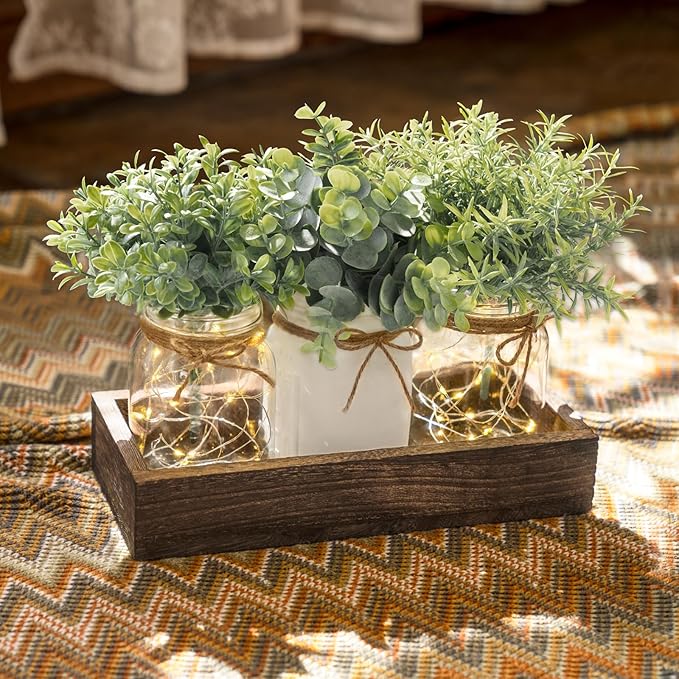 Mkono Mason Jar Lights Table Centerpiece for Dining Room Fake Eucalyptus Plants Christmas Table Decor for Kitchen Coffee Table Living Room Bathroom