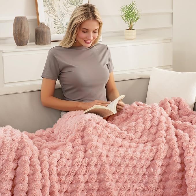 Whale Flotilla Throw Blanket for Couch with Jacquard Pattern, Fuzzy Soft Cozy Exquisite Blankets for All Season, Warm and Fluffy, 50x60 Inch, Pink