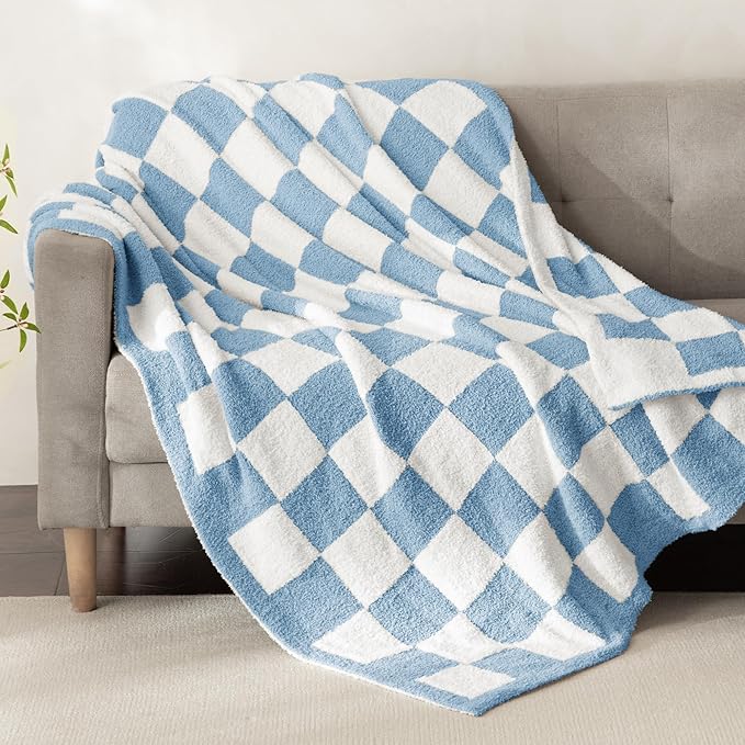 Whale Flotilla Checkered Knit Throw Blanket, Ultra Soft Warm Reversible Cozy Decorative Blankets for Couch Sofa and Bed, 50x60 Inch, Light Blue
