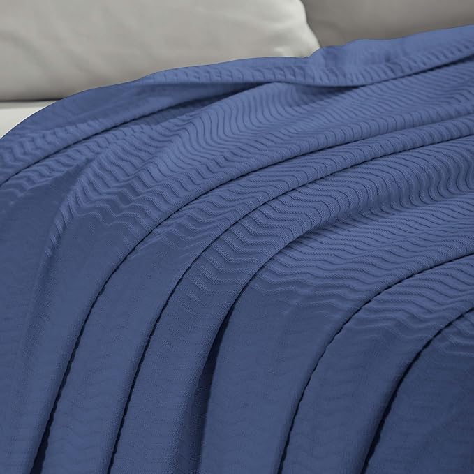 Superior JENA Cotton Blanket Picnic, Beach, Traveling or Camping, Bedroom Decor, Essentials, Cover for Bed, Couch, Lounging, Textured Jacquard, Modern Chevron Woven Blanket, Full/Queen, Merritt Blue