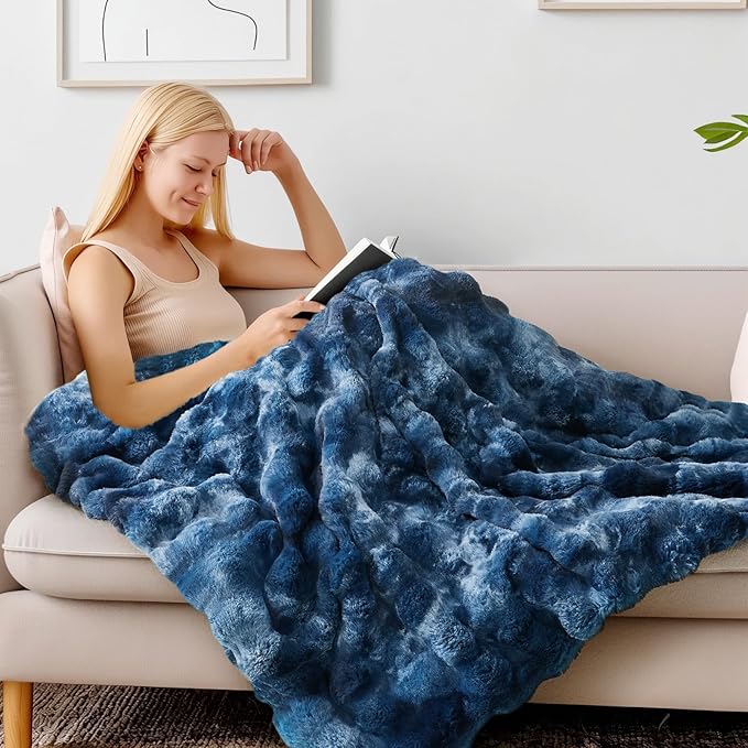 BEDELITE Faux Fur Throw Blanket for Couch, Decorative Tie-Dye Blue Plush Bubble Blanket - Super Soft & Cozy Fluffy Faux Rabbit Fur Blanket for Women Gift, 60x80 Inches