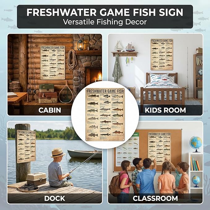 Boy's Fishing Gifts Vintage Fresh Water Gamefish Knowledge Tin Sign for Man Cave Boys Hunting Room Bedroom Lake House Cabin Wall Art Decor 8x12 Inch (3069)