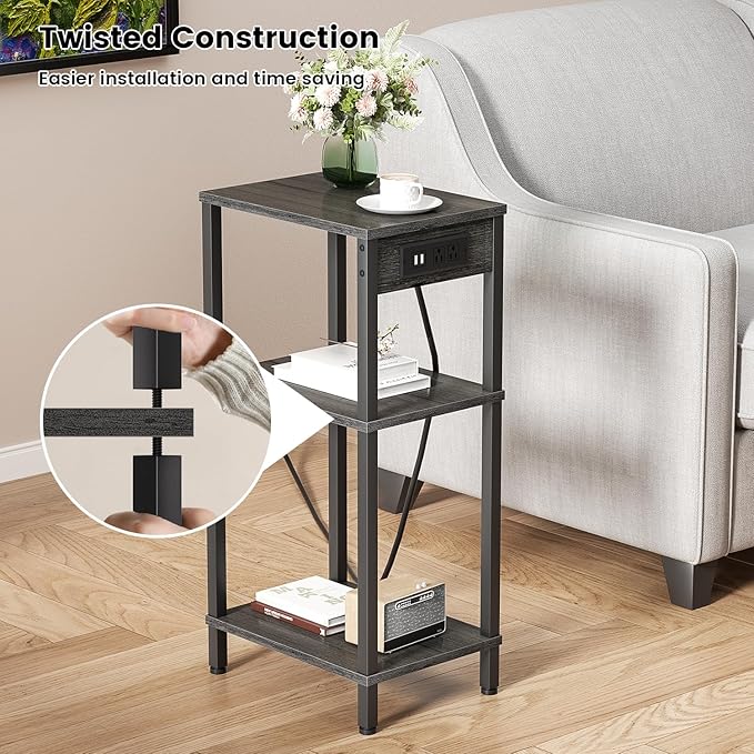 Tall Nighstand with Charging Station, 3 Tier Small End Table with Storage, Skinny Side Table with USB Ports and Outlets for Bedroom, Living Room, Office, Carbon Gray