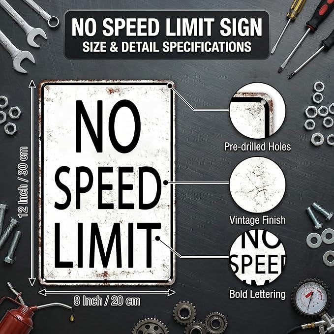 Boys Gifts Retro Tin Sign No Speed Limit Sign for Boys Room Man Cave Garage Bedroom Vintage Style Wall Art Decor 8 x 12 Inch (3096)
