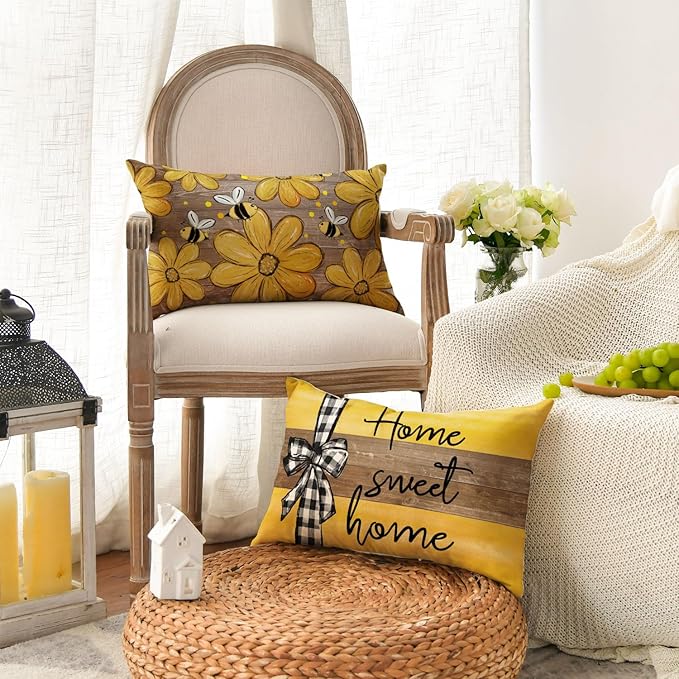 AVOIN colorlife Spring Home Sweet Home Bee Sunflower Throw Pillow Covers, 12 x 20 Inch Love Lives Here Summer Stripes Polka Dots Cushion Case for Sofa Couch Set of 4