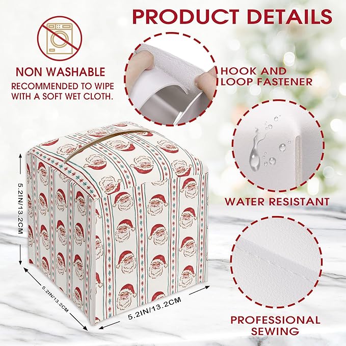 Santa Claus Leather Tissue Box Cover Holder, Red Green Stripe Tissue Box Cover Square, Xmas Gift Ideas for Family Friends, Bathroom Kitchen Car Office Home Table Decor(5.2 Inches)-B12