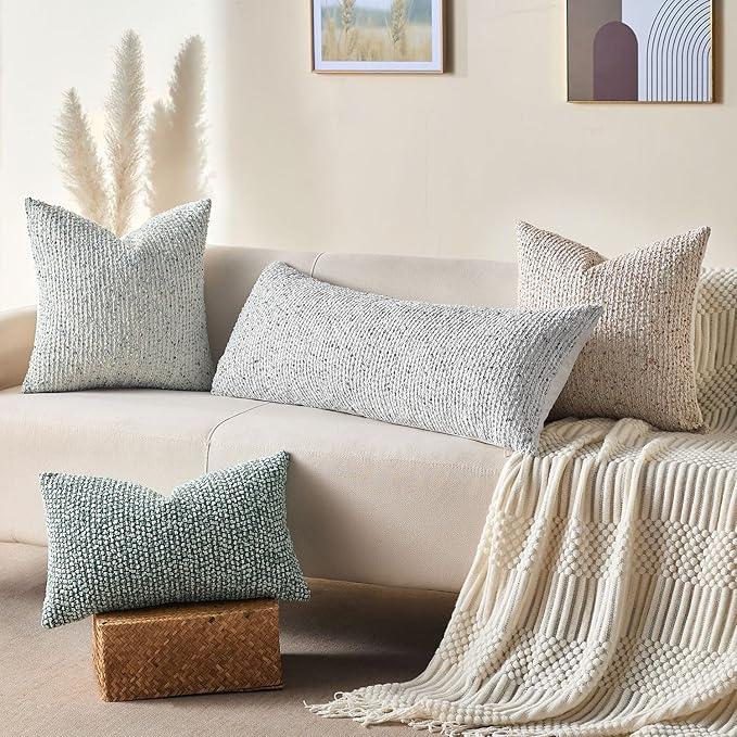 Allorry Decorative Lumbar Pillow Cover 14x36 Blue Striped Wool Long Body Pillow Neutral Textured Boho Lumbar Throw Pillow Cushion Covers for Modern Farmhouse Sofa Bed Living Room Decor SY011-C14