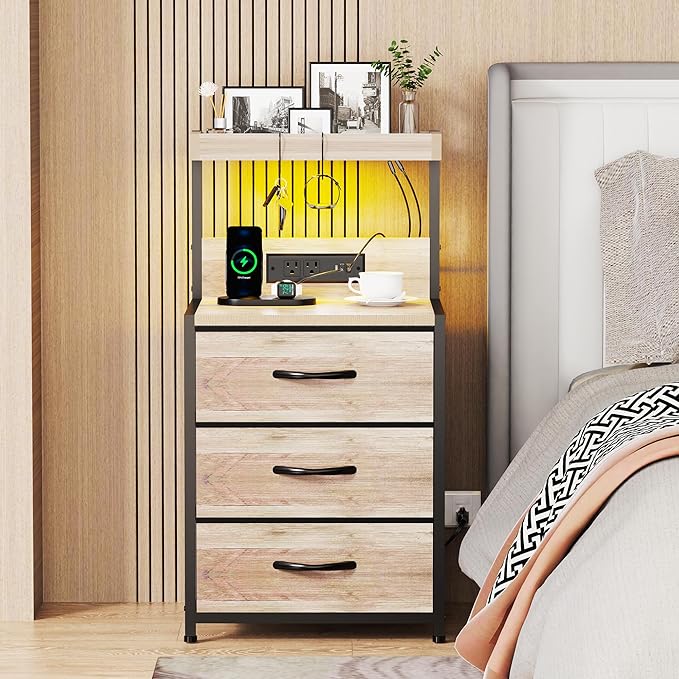 Night Stand Set 2 with LED Lights for Bedroom, Bedside Nightstands with Power Outlet and Type C Port, Matching Tables with 3 Fabric Drawers, Hooks, and Shelves, Greige