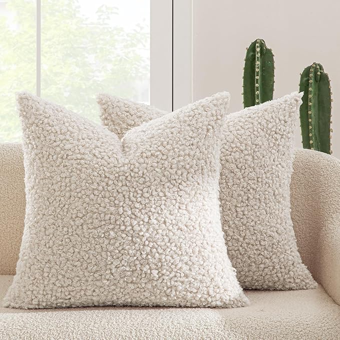 MIULEE Pack of 2 Faux Fur Throw Pillow Covers 26x26 Inch Neutral Light Beige Boucle Decorative Sherpa Pillow Covers Fuzzy Accent Soft Sheepskin Fleece for Boho Home Decor Couch Living Room Bed