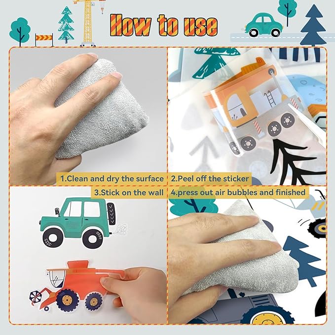 Construction Wall Stickers - 6 Sheets 90 Pcs Construction Themed Trucks Excavator Crane Wall Decals Peel and Stick Wall Decors for Kids Baby Bedroom Boys Room Nursery Playroom