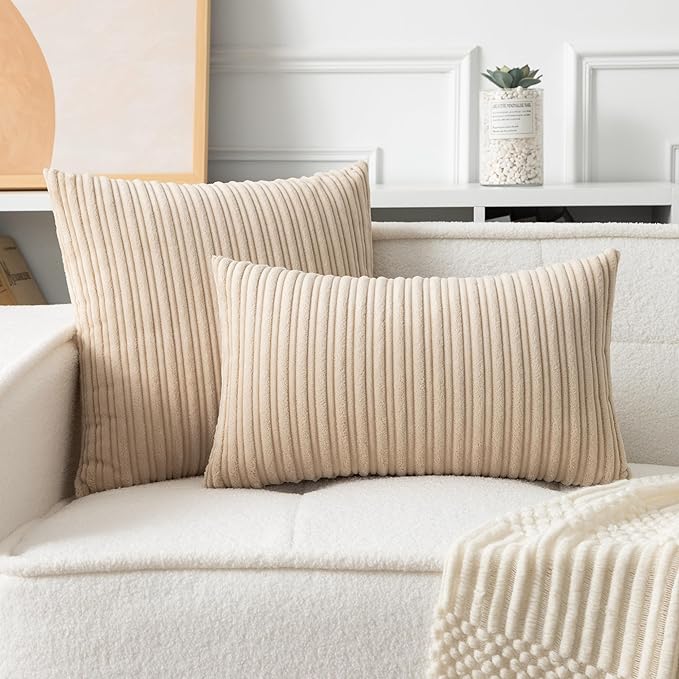 UGASA Velvet 20x20 Inch Soft Throw Pillow Cover Decorative Corduroy Striped Both Sides Solid Square Cushion Case Boho Farmhouse for Couch Bedroom Sofa Home, 1 Piece, Beige