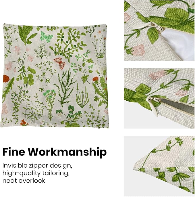 AEIOAE Summer Pillow Covers 18x18 Inch Set of 2,Green Wild Flower Plant Throw Pillows Case,Seasonal Floral Outdoor Decorative Square Linen Farmhouse Decor Cushion Covers for Home Sofa Bed Couch