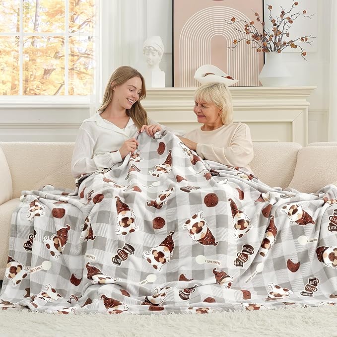 Cozy Bliss Gnome Coffee Throw Blanket - Warm MilkyPlush Throw Blankets,Ultra Soft Cozy Blankets for Couch,Sofa and Bed,Grey,50X60inches