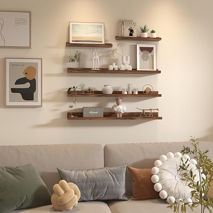 Giftgarden 36 Inch Large Floating Shelves for Wall Set of 5, Rustic Wood Wall Shelves for Bathroom, Bedroom, Kitchen, Living Room Storage and Decoration, Brown Picture Ledge