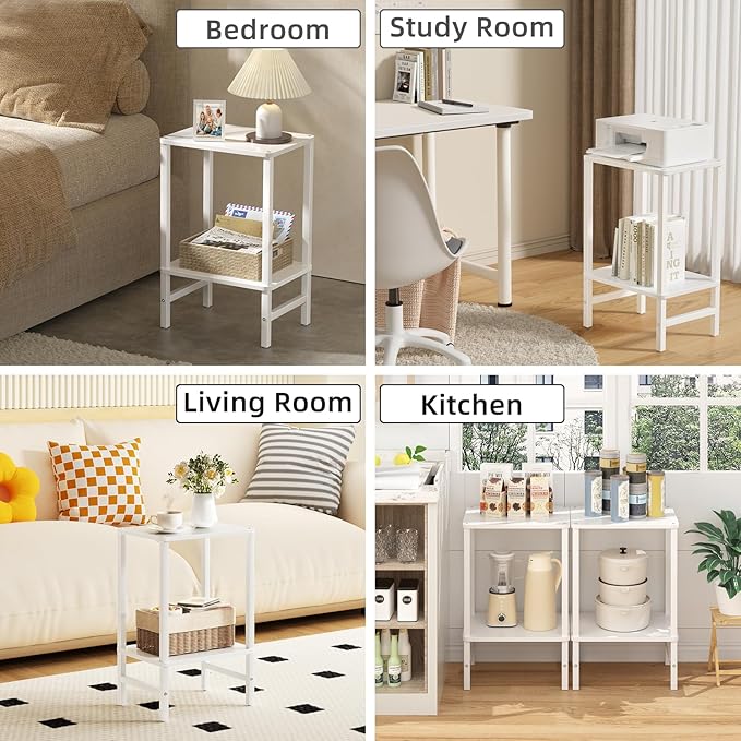 Side Table End Table Tall Night Stand 2-Tier 2 Pack for Living Room Bedroom Bathroom Office Furniture White