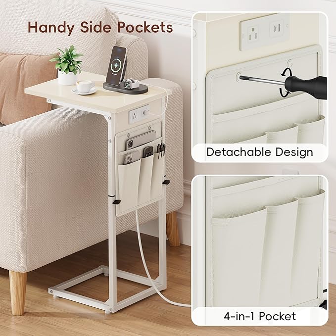Vagusicc C Shaped End Table with Charging Station, Adjustable Height Side Table for Couch, Small Sofa Table C Table End Table, Slide Under Couch Table TV Tray Arm Table for Living Room, Bedroom, Cream