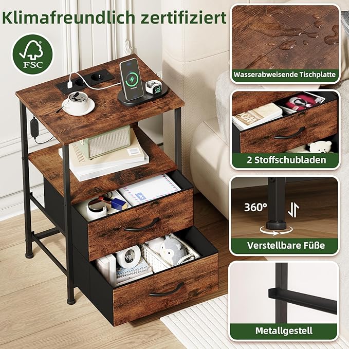 Somdot 2 Drawers Nightstand with Charging Station and LED Light for Bedroom, Small Dresser with Fabric Bins for Bedside Kids Dorm Room Closet Laundry Entryway, Wood Grain Print