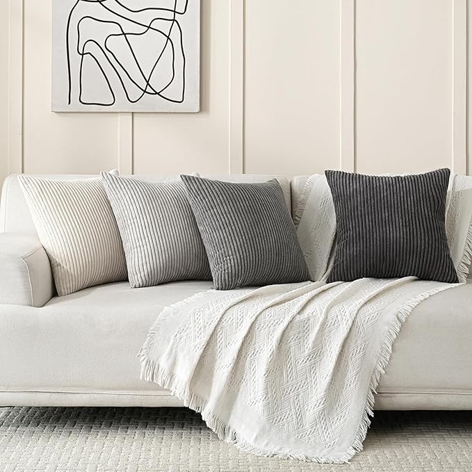 Volcanics Set of 4 Neutral Grey Corduroy Decorative Couch Throw Pillow Covers 18x18 Inch, Western Modern Farmhouse Striped Cushion Cases, Soft Boho Square Accent Pillow Covers for Home Sofa