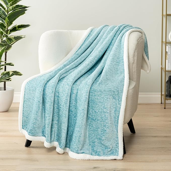 PAVILIA Melange Teal Blue Twin Bed Sherpa Blanket Throw, Warm Soft Cozy Reversible Blanket Couch Sofa, Thick Plush Large Fleece Blanket, Decorative Home Room Decor Gift Men Women, 60x80 Turquoise Aqua