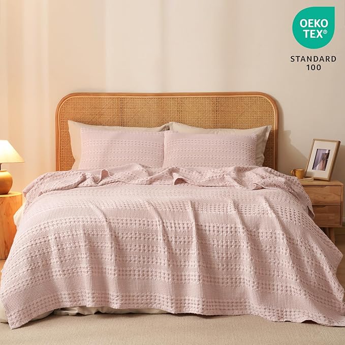 PHF 100% Cotton Waffle Weave Blanket King Size for Bed, Soft Lightweight & Breathable for Spring and Summer, All-Season Comfort, Luxury Aesthetic Blanket for Home Decor, 108"x90", Pink/Mauve