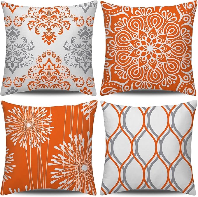 Coliuso Decorative Throw Pillow Covers 16x16 inch Set of 4,Orange and White Modern Simple Square Pillow Case Cushion Cover for Sofa Couch Farmhouse Outdoor Living Room
