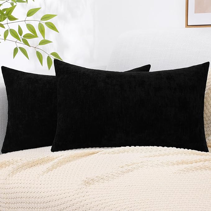 decorUhome Chenille Black Throw Pillow Covers 12x20 Inch Set of 2, Decorative Soft Couch Pillow Covers Solid Dyed Accent Farmhouse Neutral Rectangle Pillow Cases for Sofa