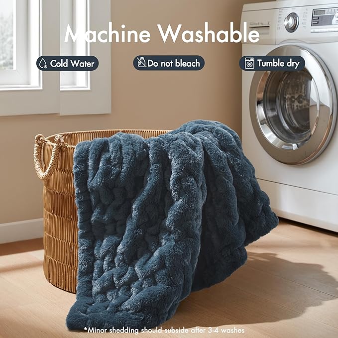 Madison Park Ruched Luxury Throw Premium Soft Cozy Brushed Long Faux Fur For Bed, Couch or Sofa, 50"x60", Slate Blue