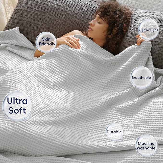 PHF Ultra Soft Waffle Weave Blanket King Size 104"x 90"- Washed Lightweight Breathable Cozy Woven Blanket for Bed - Aesthetic Decor for Couch Bedding Sofa Home Car - Light Grey